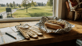 foil-wrapped hot dog resting on a wooden counter at a golf course halfway hut.