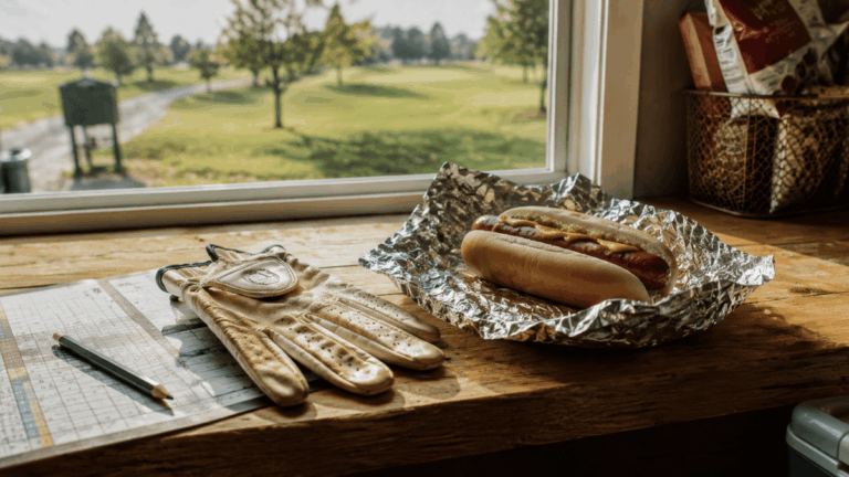 foil-wrapped hot dog resting on a wooden counter at a golf course halfway hut.